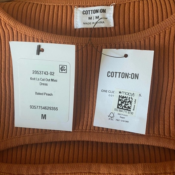 Cotton:On Rust Brown Ribbed CutOut Mini Sustainable Dress Long Bell Sleeve M NWT - Picture 3 of 8